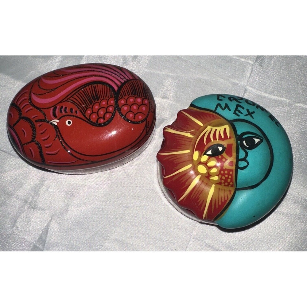 Talavera Pottery Trinket Box Dish w/ Lid Cozumel Mexican Handpainted Lot Of 2